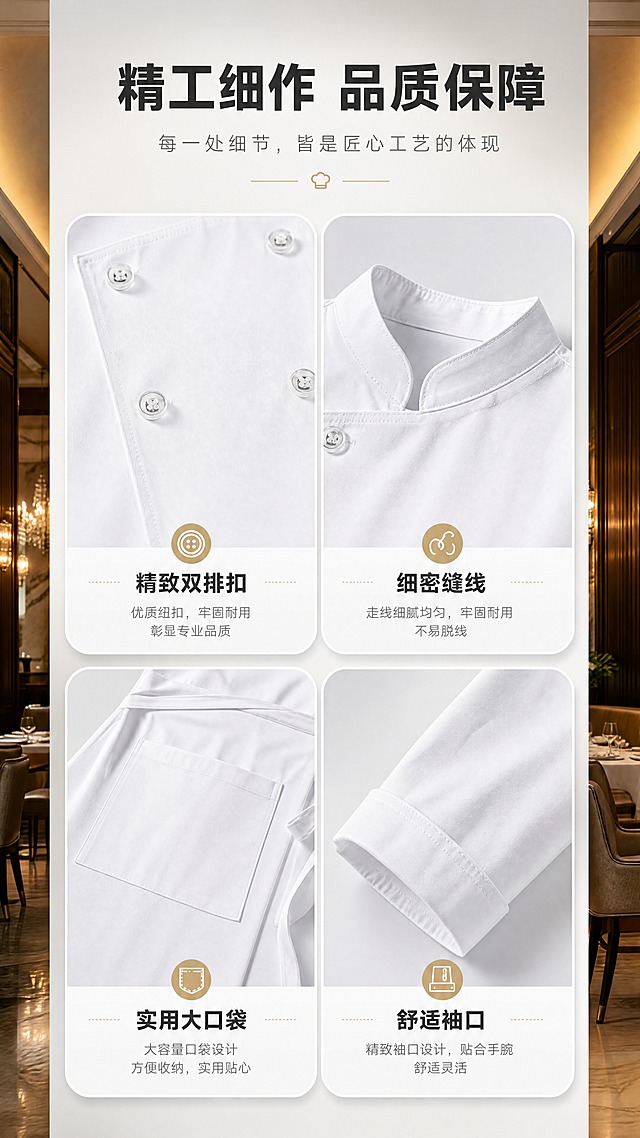 [商品] 使用【图1】男士白色长袖双排扣立领厨师服+白色围裙套装；商品处理：保留纽扣、缝线、口袋、系带、袖口等细节；增强五金和缝线质感。
[画面] 目标展示工艺细节，竖版9:16，2×2宫格布局，分别展示：左上-双排扣纽扣细节、右上-领口缝线工艺、左下-围裙口袋细节、右下-袖口工艺，背景为浅灰色渐变，每个宫格有柔和阴影。
[视觉] 套系策略：风格=高端酒店商业摄影；标题字=现代简约粗黑体；正文字=简洁无衬线体；主色=纯净白；背景延展=暖金色调、深木色、大理石纹理的高级餐饮空间；强调色=香槟金，仅用于小面积图标、引线和装饰线条；标题色=深炭灰；正文色=中暖灰；组件=圆角浅底信息卡、细线引线；光影=柔和侧光，突出细节质感。
[文字] 顶部主标题「精工细作 品质保障」，每个宫格下方配短标签：精致双排扣/细密缝线/实用大口袋/舒适袖口。
[规格] 图片比例9:16竖版，4K分辨率，避免变形、错字、文字过小、冷蓝背景、颜色改变。