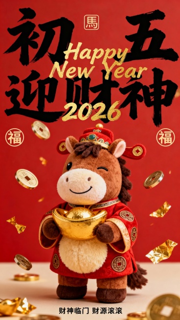 提示词：纯正面小马，Q 版棕褐配色的拟人毛绒小马公仔（腹部是浅米色毛绒，单眼眯起微笑，鬃毛为深棕短绒质感，圆鼓鼓的肚子），站立，头戴财神帽、身着红袍（红袍绣铜钱纹），双手紧紧抱着大金元宝，周身飘着铜钱预览效果