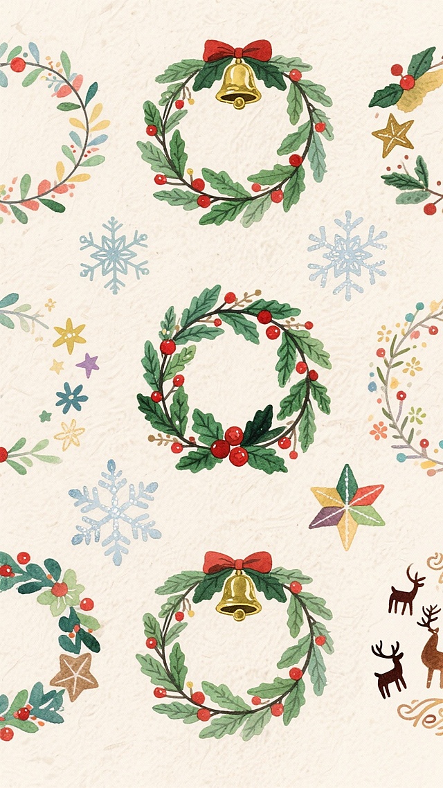 生成一张干净米色底，每种元素分开重复排列的迷你圣诞花环、雪花，印花图案，元素细小密集，紧凑