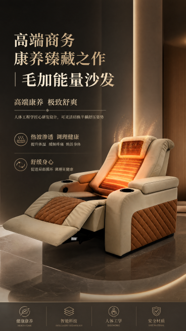 高端商务产品宣传海报，主标题文字"高端商务康养臻藏之作|毛加能量沙发"，内容文案：高端康养 极致舒爽，人体工程学匠心研发设计，可灵活切换半躺舒压姿势，热波渗透 调理健康，提升体温 缓解疼痛 焕活身体，预览效果