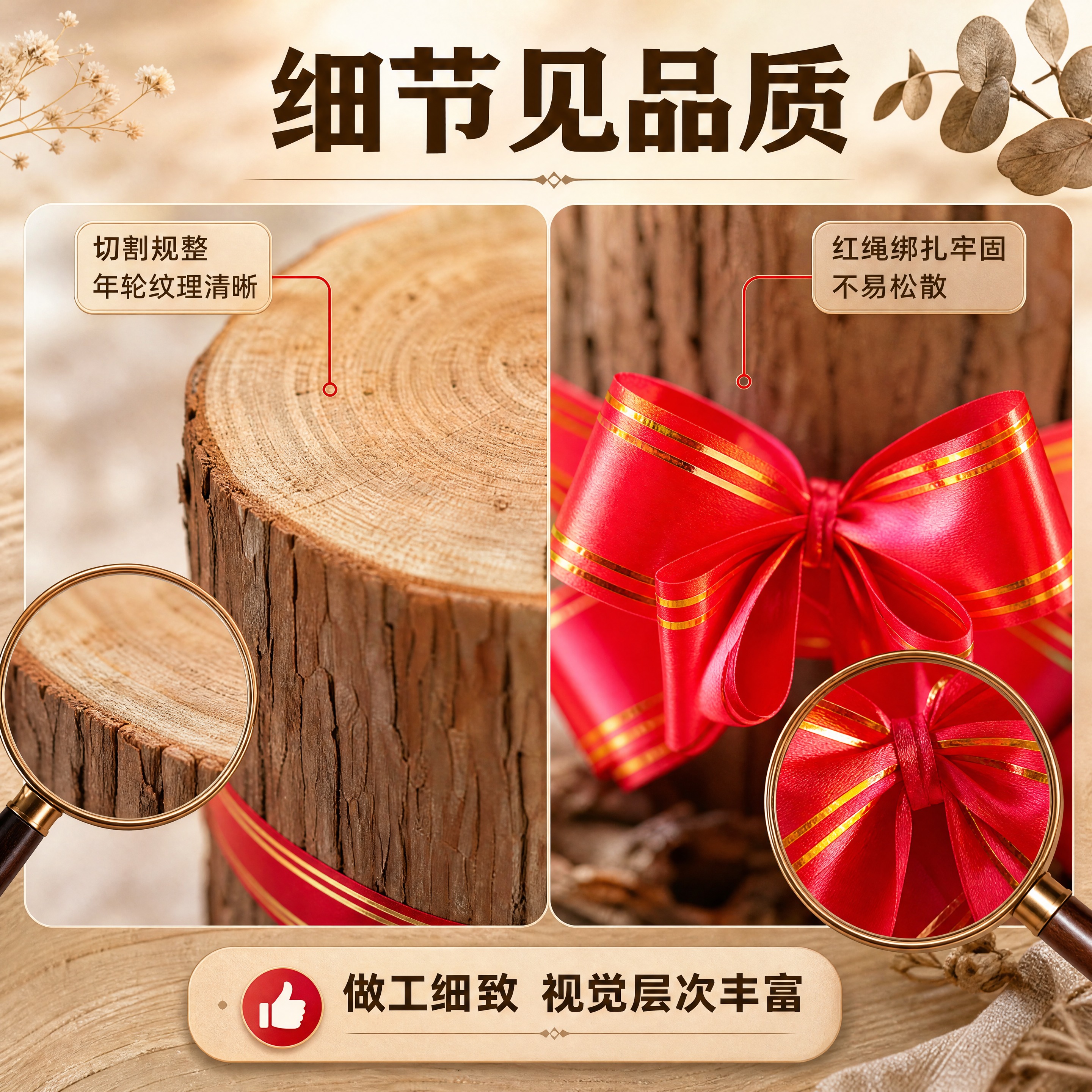 [商品] 使用【图3】杉墩木段配红绳花细节特写；保留木段年轮切… - 图片创意预览