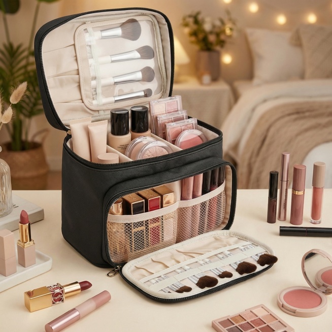 保持这款黑色多层化妆包的外观、结构、面料完全不变，化妆包内部的隔层和口袋里装满各类化妆品，包含口红、粉底液、眼影盘、腮红、睫毛膏、粉饼等常用美妆产品，产品摆放整齐有序，符合国内电商时尚画报风格，全屋漫预览效果