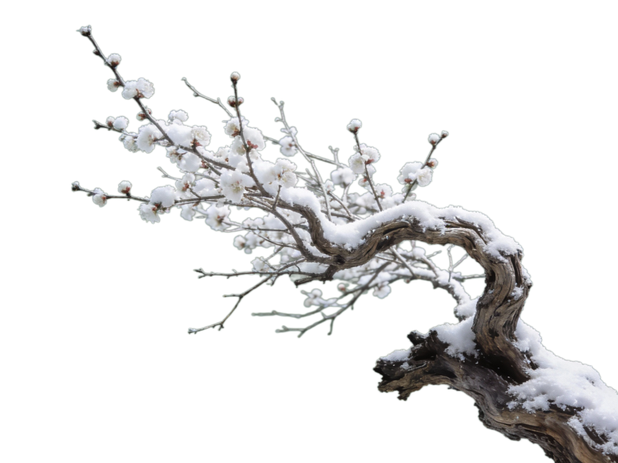写实摄影，一丛微微落雪的梅花枯枝从画面右侧伸出，生长向画面左上角，枯枝茂密，大部分纤细，下侧有部分较粗有对比，枝桠折，充满中式禅意。梅花特征明显，树枝完整无裁切，抠出后放在纯绿色背景上预览效果