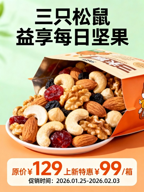 三只松鼠股份有限公司，成立于2012年，是中国领先的全渠道休闲食品品牌运营商。公司以“让天下主人爽起来”为使命，秉持“客户第一、务实、创新、协作”的核心价值观，专注于坚果、果干、烘焙等休闲食品的研发、预览效果