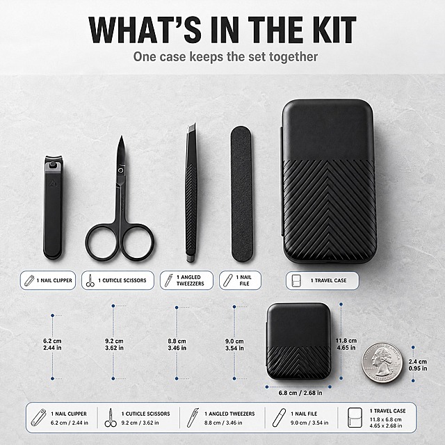 [主图-5] Men's Nail Care Travel Kit — Matte Black Manicure Set with Nail Clipper Tweezers Cuticle Scissors Nail File and Travel Case 套装清单图。唯一任务：用平铺清单说明到手包含哪些工具，并借助参照物说明尺寸，作为下单前核对信息；本图不重复盒内卡位展示与材质微距。
[统一基调] 明亮冷调的高端男士个护电商信息图；冷灰白到浅灰渐变底、深灰石纹与磨砂玻璃为环境色；主标题深碳黑，辅助文案中灰，强调色冷钢蓝；全套只用一种几何无衬线粗体字，标题最粗最大、辅助文案缩小五成以上且只变字号层级不换字体；组件统一为 12px 圆角白卡配 1px 浅灰描边与 2px 线性图标；光影统一左上方明亮柔光、产品下方自然接触阴影。
[画面] 冷灰白底，深灰石纹台面上以平铺方式等距排列收纳盒与各件工具，彼此不重叠、间距一致，收纳盒处于盖合状态、盒面人字纹理朝上；每件旁配一个短标签，分别写 "1 TRAVEL CASE"、"1 NAIL CLIPPER"、"1 CUTICLE SCISSORS"、"1 ANGLED TWEEZERS"、"1 NAIL FILE"，标签用统一白底圆角胶囊样式；台面右下角放一枚常见硬币作为尺寸参照物，与最小的工具形成真实比例对比且不遮挡产品；主标题 "WHAT'S IN THE KIT" 放在画面上方留白区，下方一行中灰辅助文案 "One case keeps the set together"。
[光影质感] 左上柔和主光，每件工具与盒子在台面都有自然接触阴影，娅光黑表面呈细腻反光并保留轮廓分离，硬币有细腻金属反光。
[配色] 冷灰白与深灰环境色；深碳黑标题、中灰说明文字；冷钢蓝只作标签描边与强调色。
[文字版式] 沿用统一几何无衬线粗体；主标题最粗最大，标签与说明文字缩小五成以上；全部横排、不压产品也不出安全区。
[输出要求] 比例 1:1（2048×2048）；负向：虚构件数或数量、工具与标签不对应、工具缺失或重复、文字压住产品、中文文字、错字、模糊、水印、平台 Logo。