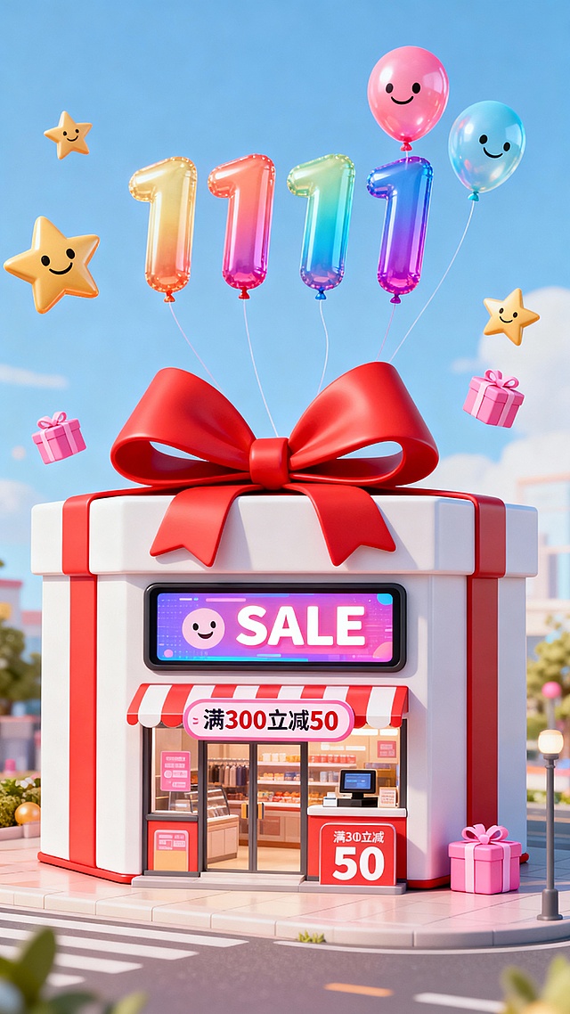 一个造型如礼物盒的卡通店铺，盒身系着大红色蝴蝶结，正面屏幕清晰显示“SALE”字样，下方配有“满 300 立减 50”标识，店铺上方悬浮着色彩渐变的“1111”气球，周围点缀带笑脸的星星、粉色小礼物盒等元素，电商促销氛围，明亮欢快色调，细节丰富，高质量画面