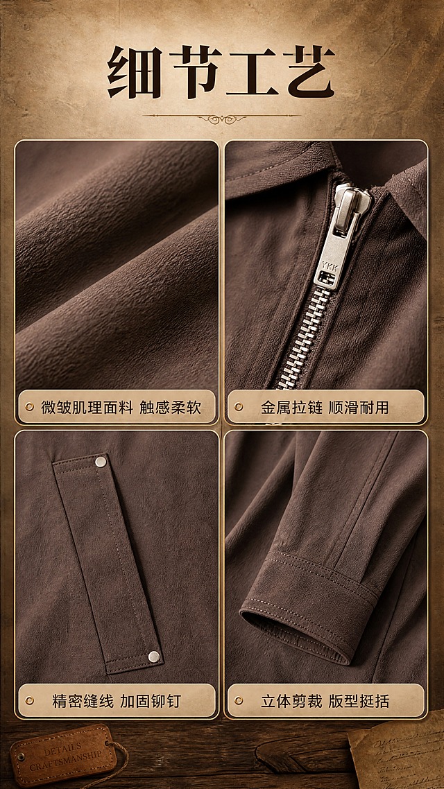 [商品] 使用【图1】深棕色翻领短款夹克；商品处理：保留翻领、金属拉链、插肩袖、双侧口袋、袖口结构、美拉德棕颜色和微皱肌理面料；自然去除衣身杂乱褶皱，理顺垂坠，增强面料纹理、缝线、拉链和五金质感，不改变版型和结构。
[画面] 目标：面料工艺细节页，展示精致做工。构图：2×2宫格布局，左上为面料微距纹理特写，右上为金属拉链头与拉链齿细节，左下为口袋缝线与铆钉细节，右下为袖口缝线与面料垂感。四格之间有细金线分隔，背景为浅棕渐变加皮革质感。阅读动线从上方标题向下浏览四宫格。
[视觉] 套系策略：风格=美拉德复古高级商业摄影，杂志画报感；标题字=现代衬线粗体，带轻微复古衬线；正文字=简洁无衬线体；主色=美拉德深棕；背景延展=基于深棕做焦糖、驼色、米杏的同色系渐变与暖调光影，加入木纹、皮革、旧纸张质感层次；强调色=焦糖金，仅用于小面积图标、引线、标签和高光点缀；标题色=深炭棕；正文色=暖棕灰；组件=圆角浅棕信息卡、细金线引线、复古标签；光影=侧暖柔光，突出面料肌理与五金反光。
[文字] 上方居中主标题「细节工艺」。每个宫格下方配一行短说明：左上「微皱肌理面料 触感柔软」，右上「金属拉链 顺滑耐用」，左下「精密缝线 加固铆钉」，右下「立体剪裁 版型挺括」。文字横向排版，字号清晰可读。
[规格] 图片比例9:16竖版，4K分辨率，medium质量。避免变形、错字、文字过小、冷蓝背景、衣服颜色改变、版型失真、绝对化用语。