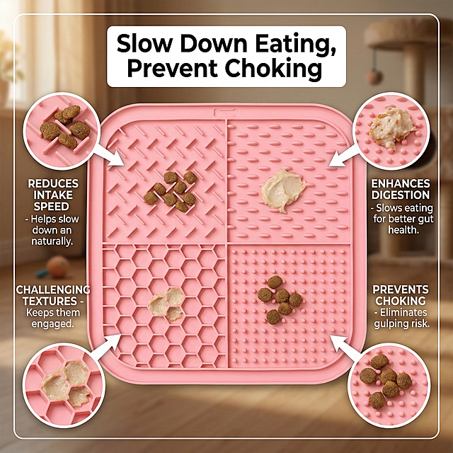 欧美跨境电商详情图，展示粉色硅胶宠物舔食垫，上面放置少量宠物粮，用箭头和英文文字突出"Slow Down Eating, Prevent Choking"，背景为浅棕色温馨宠物场景，柔和光影，采用切片式布局但不切割产品，800X800尺寸