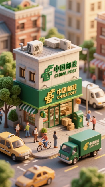 微缩景观风格，画面中心是一座外形为中国邮政标志的商店，标志表面带有中国邮政字样的图案，配以绿色金属材质和绿色五金件。店铺处于城市街景中，旁边有一个邮政信箱，一辆有中国邮政字样的邮政车正在装卸包裹。周围预览效果