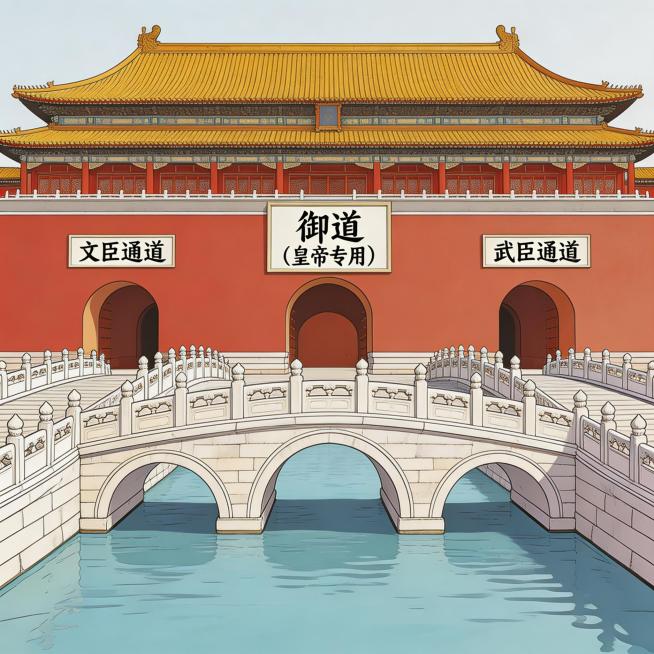 写实国风漫画中景分镜，推进镜头，呈现真实故宫午门三个门洞，中间御道、两侧文武百官通道标注清晰，搭配真实金水桥五座桥体，桥身汉白玉纹理写实，写实国风漫画风格，色调贴合朱红、明黄、汉白玉白，贴合故宫实景预览效果
