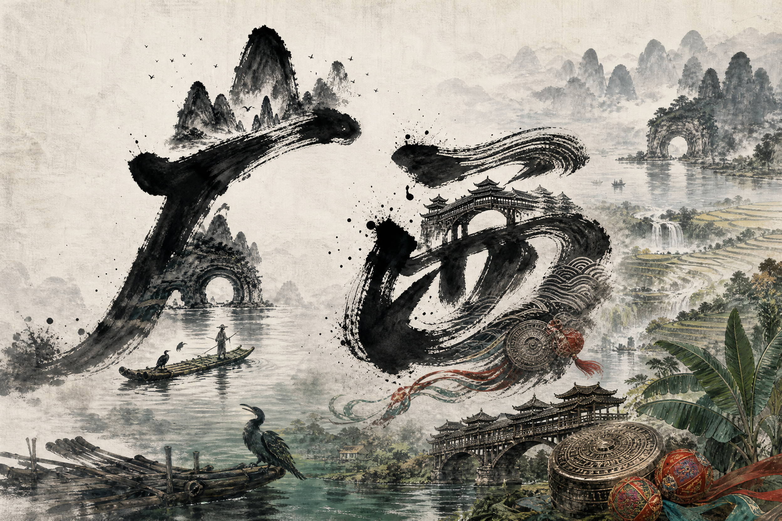 广西水墨风海报，横版宽幅3:2构图，宣纸纹理背景，东方美学，大… - 图片创意预览