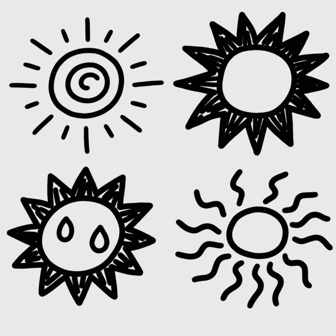 四个不同款式样式的太阳图案，均采用黑色手绘线条风格，线条粗犷随意有手写感，第一个太阳为中心螺旋状图案加放射状短线条光芒，第二个太阳为圆形中心加长短不一的尖角状光芒，第三个太阳为圆形中心加水滴状光芒，第预览效果