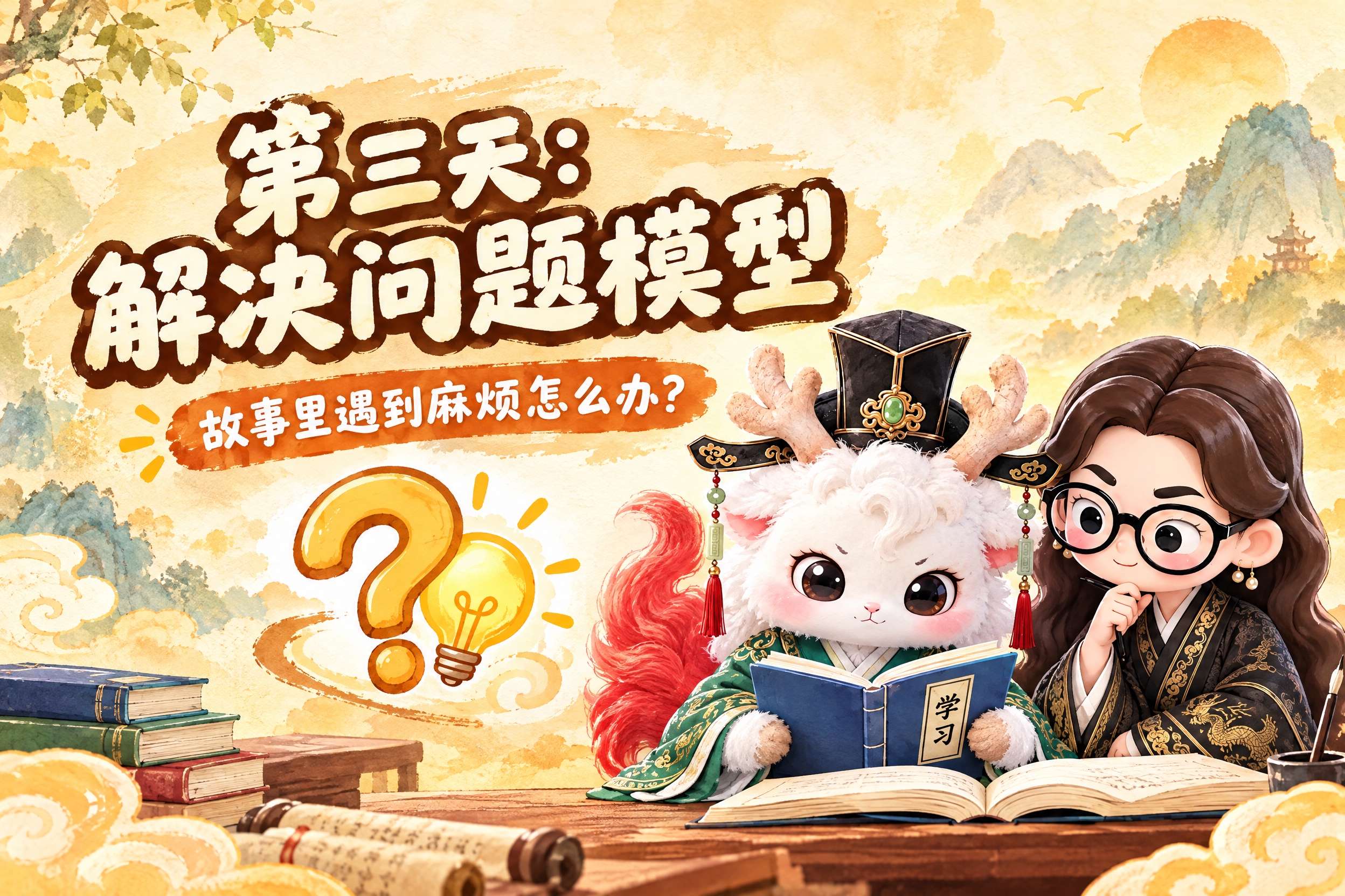 横版6寸比例的课程标题页设计，大标题为"第三天：解决问题模型"… - 图片创意预览