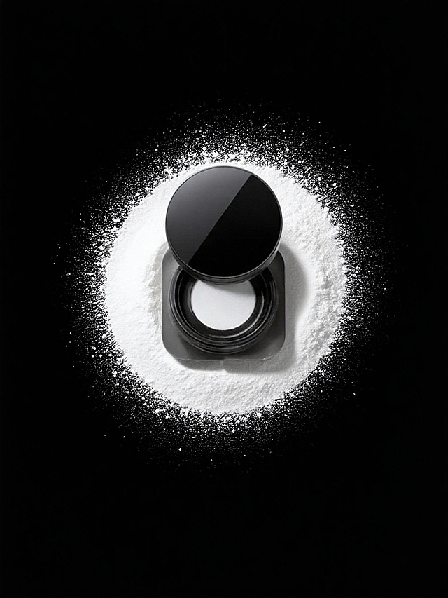 产品居中，周围是白色粉末呈圆形散开的效果，黑色背景