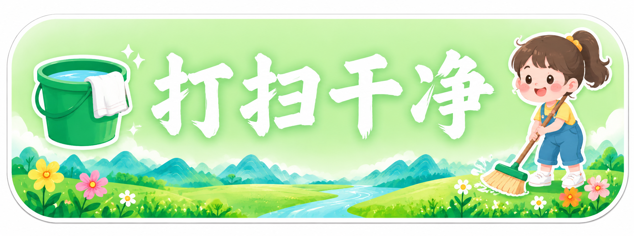 独立的卫生角标语牌，横版长方形圆角造型，浅草绿色渐变底色，中间… - 图片创意预览