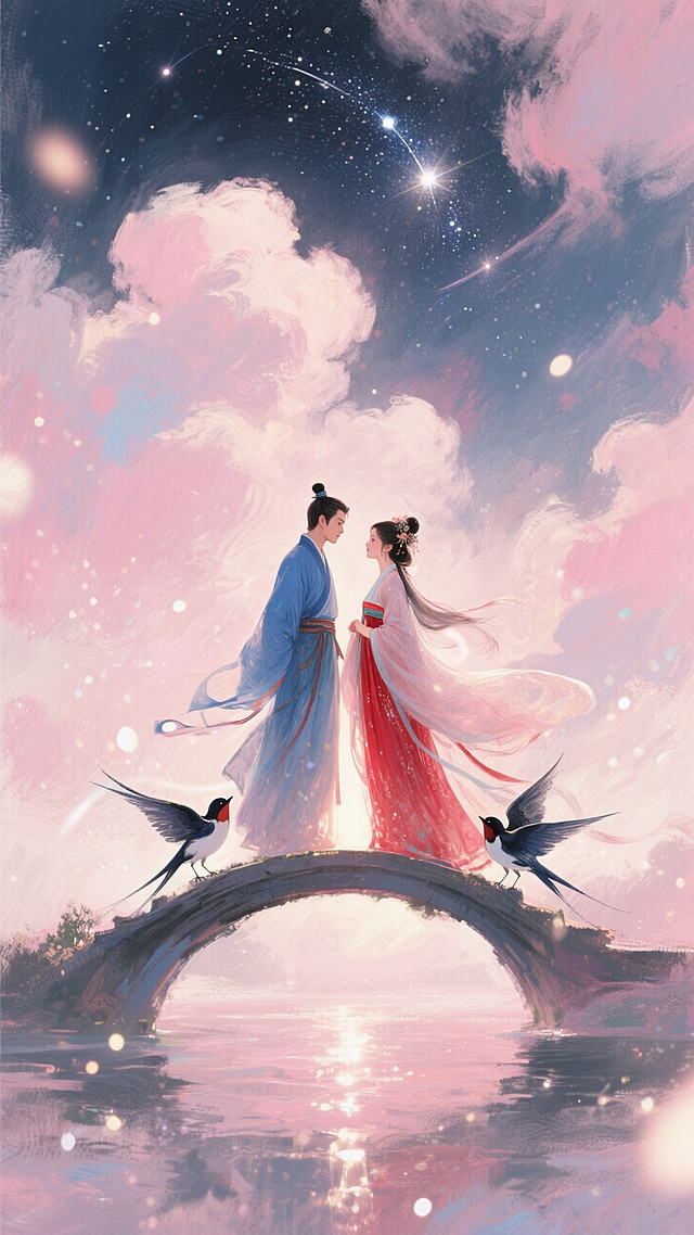 水彩风插画，古典情侣桥上相依，梦幻星空背景，浪漫七夕氛围。