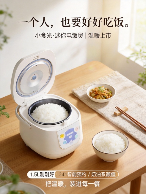 修改低糖电饭煲海报，新构图为三角构图：电饭煲放在左下方作为主角，右下方搭配一碗米饭，上方搭配一碟小菜和一双筷子，形成稳定三角。采用45度俯拍视角，呈现完整木质餐桌场景，增强吃饭代入感。主体清晰，背景自预览效果