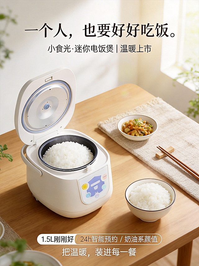 修改低糖电饭煲海报，新构图为三角构图：电饭煲放在左下方作为主角，右下方搭配一碗米饭，上方搭配一碟小菜和一双筷子，形成稳定三角。采用45度俯拍视角，呈现完整木质餐桌场景，增强吃饭代入感。主体清晰，背景自然虚化，前景可加少量餐具边缘增加层次。顶部五分之一放置较小字号文艺感主标题"一个人，也要好好吃饭。"，主标题下方放副标题"小食光·迷你电饭煲 | 温暖上市"，底部五分之一放置卖点标签"1.5L刚刚好 / 24h智能预约 / 奶油系颜值"和行动文案"把温暖，装进每一餐"预留品牌Logo位置。背景为柔和温暖的暖白色或燕麦色，产品改为奶油白/奶杏色，整体采用柔和暖调自然光，模拟清晨或午后窗边阳光洒落效果，添加轻微光晕营造温馨感，搭配棉麻桌布和绿植点缀，整体氛围治愈温馨。