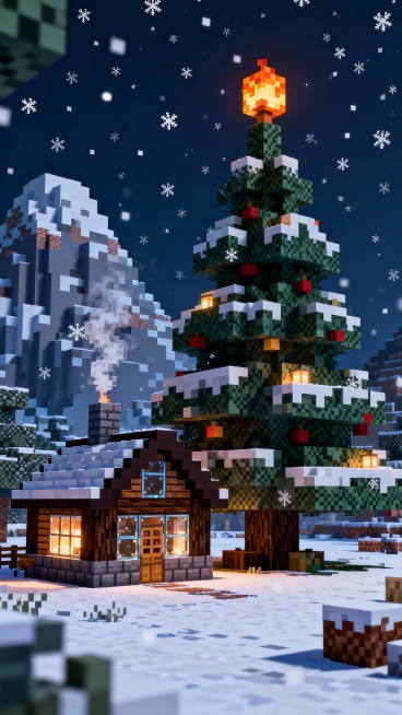 《我的世界》圣诞夜，特写镜头巨大的方块圣诞树矗立在雪原中央，旁边有一座用深色橡木和玻璃方块建造的温馨小木屋，烟囱冒出营火方块烟雾，远处有像素风格的雪山，夜空中飘落雪花粒子效果，温暖灯光从窗户溢出，整体预览效果