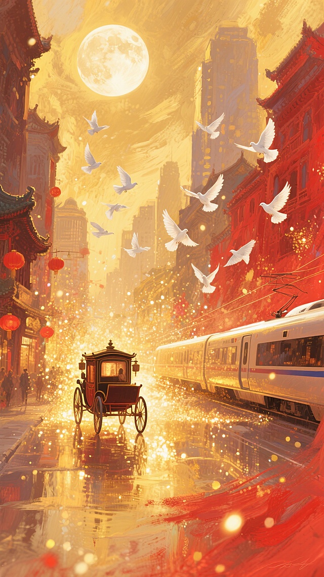 明亮金色光芒的圆月悬挂在画面上方，全景大地上，一辆复古马车行驶在古色古香的建筑群间，旁边一列现代化动车穿梭在繁华的城市之中，白鸽成群结队地从空中飞过，画面带有发光效果，整体充斥着华丽的金色和喜庆的红色，充满奇幻色彩和光影变化，具有丰富的层次感和立体感，体现繁荣昌盛的喜庆氛围，采用梦幻的大透视构图