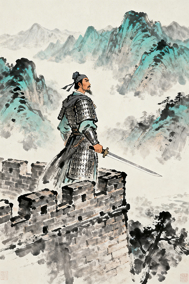 中国南宋词人辛弃疾，古代将军形象，文武双全，身着古装铠甲，立于城楼远眺，背景是连绵的江山，气势雄浑悲壮，国画风格，英雄气概，爱国志士形象