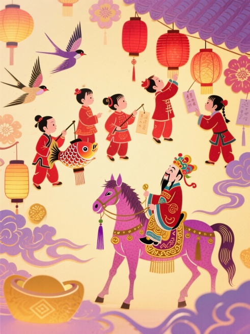 纯皮影风格（皮影，透光感），皮影戏，纯平面，
主体是穿红衣的孩童们（有的提锦鲤灯、有的猜灯谜、有的挂灯笼），画面下方是财神骑紫粉骏马（装饰金纹灯笼纹、紫穗流苏）；周围环绕纯皮影风格的花灯、灯谜牌、飞鸟预览效果