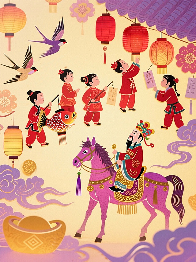 纯皮影风格（皮影，透光感），皮影戏，纯平面，
主体是穿红衣的孩童们（有的提锦鲤灯、有的猜灯谜、有的挂灯笼），画面下方是财神骑紫粉骏马（装饰金纹灯笼纹、紫穗流苏）；周围环绕纯皮影风格的花灯、灯谜牌、飞鸟、祥云吉祥皮影元素；背景为暖黄底色 + 紫粉渐变暗纹（带灯笼印花），配色灵动喜庆（大红、紫粉、暖黄、米白）