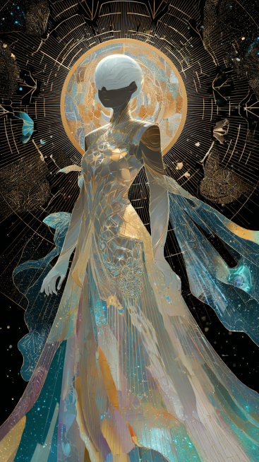 Celestial light entity with opalescent pearl-like skin (faint rainbow iridescence), intricate glowin预览效果