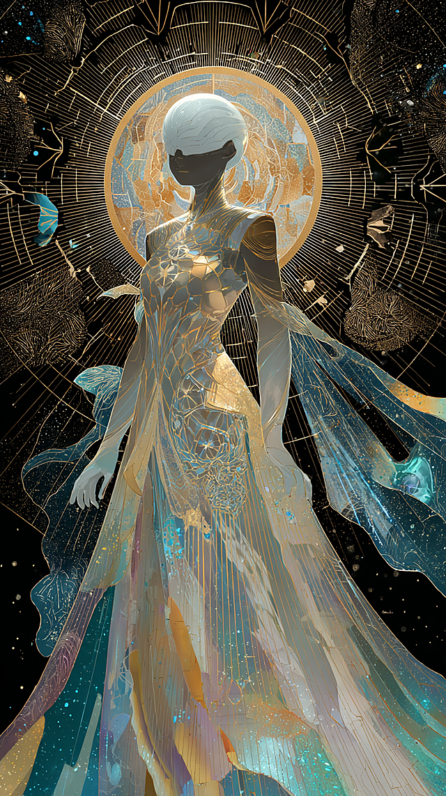 Celestial light entity with opalescent pearl-like skin (faint rainbow iridescence), intricate glowing bronze geometric patterns (hexagons, spirals) wrapping the torso; luminous eyes like glowing moonstones, form partially obscured by swirling cosmic fog; flowing gown of sheer gold and pale blue (translucent, with subtle star embroidery), trailing stardust particles; background of deep space with a swirling spiral nebula, radiating golden halos of light, faint crystal clusters glowing softly; symbolist digital painting, ethereal sacred energy, high contrast between light and dark, hyper-detailed iridescence and fog textures, 4K wallpaper, grand and serene