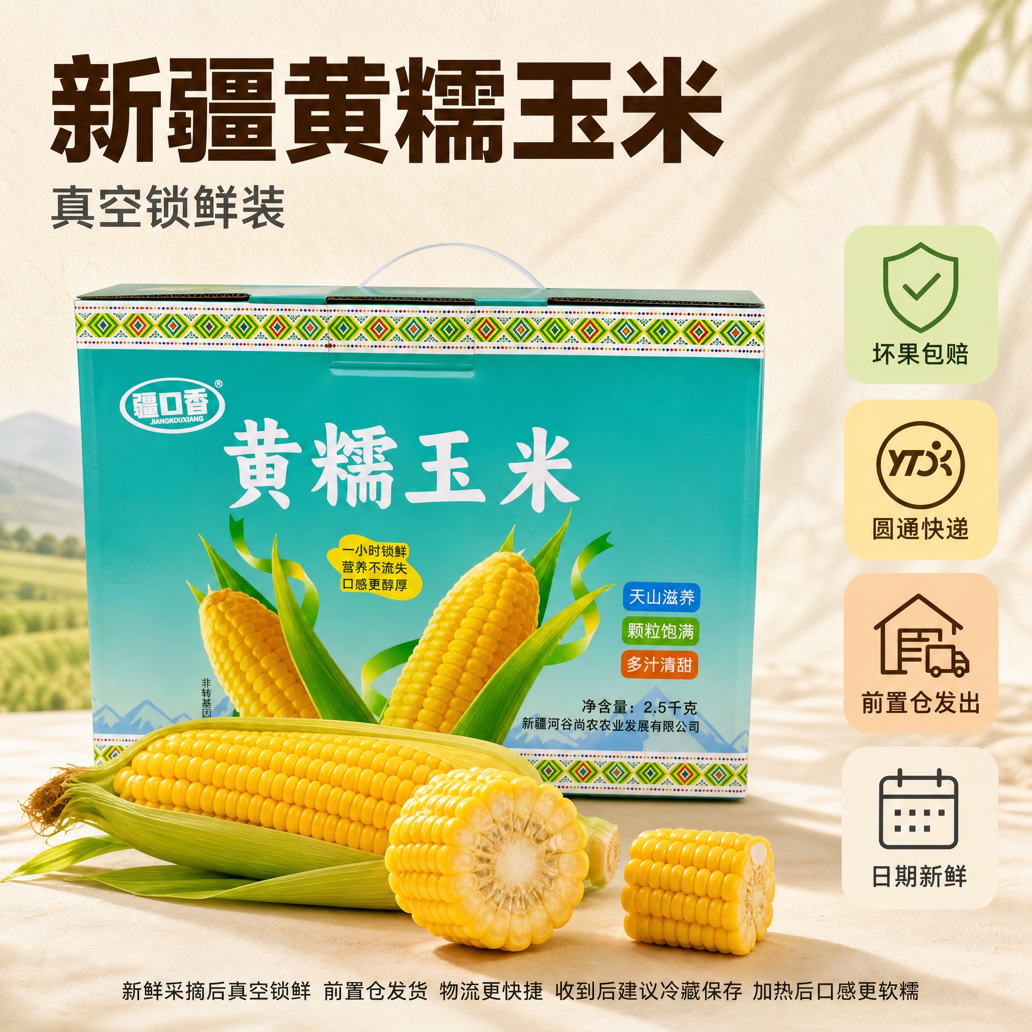 [主图-2] 新疆黄糯玉米礼盒装主图，产品品质与规格展示，突出… - 图片创意预览