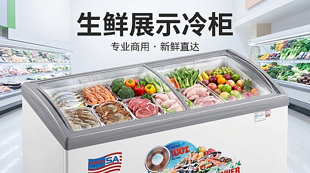 横版海报，这款卧式弧形玻璃冷柜里面放着整齐的各类生鲜产品，产品展示海报，商用展示冷柜，整洁干净，写实风格