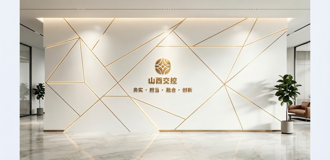 简约大气的企业形象文化墙，简约几何金色线条分割设计，更简洁易落地，现代简约高级风格，山西交控企业前台形象墙，白色墙面搭配发光金色线条，中央放置金色圆形logo，下方大字'山西交控'，再下方小字'务实·预览效果