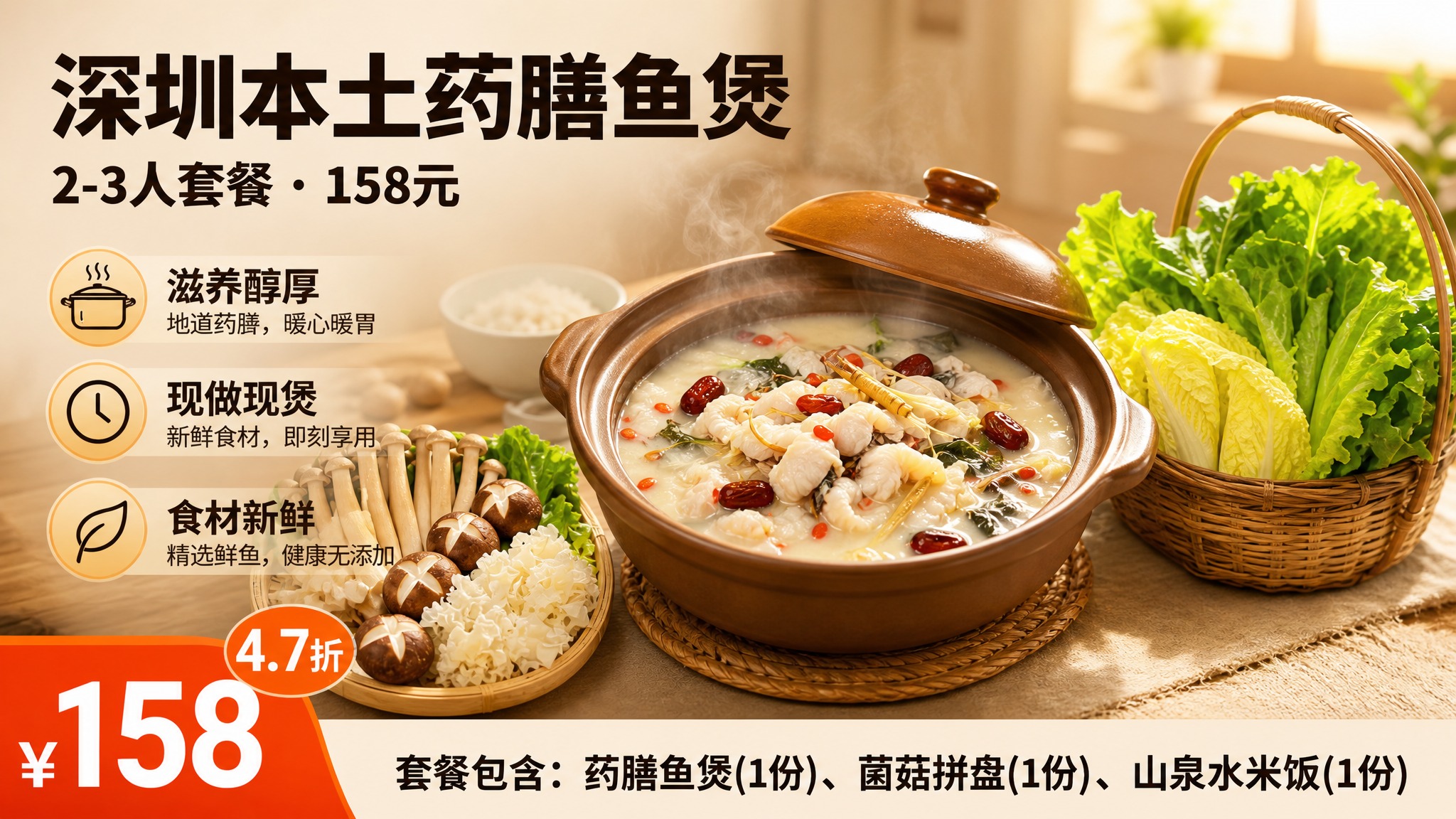参考第一张图的版式和整体暖色调风格，重新生成一张美团餐饮团购套… - 图片创意预览