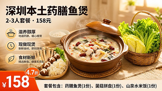 参考第一张图的版式和整体暖色调风格，重新生成一张美团餐饮团购套餐横版头图，严格16:9横版。画面中央是热气腾腾的药膳鱼煲（参考第二张图的药膳鱼煲样式，用棕色砂锅盛装，奶白色汤底，有鱼片、红枣、枸杞、药材，冒着热气，锅盖半开。右侧放一篮新鲜蔬菜拼盘（生菜、娃娃菜等绿叶蔬菜，竹篮盛装），左侧增加一盘菌菇拼盘（参考第五张图的菌菇样式，有香菇、海鲜菇、绣球菌等）。左上角大标题文字为"深圳本土药膳鱼煲"，副标题为"2-3人套餐·158元"，下方三个圆形图标卖点依次为：第一个带锅图标配文字"滋养醇厚 地道药膳，暖心暖胃"，第二个带时钟图标配文字"现做现煲 新鲜食材，即刻享用"，第三个带叶子图标配文字"食材新鲜 精选鲜鱼，健康无添加"。左下角橙色价格区域显示"4.7折 ¥158"。底部米色横条文字为"套餐包含：药膳鱼煲(1份)、菌菇拼盘(1份)、山泉水米饭(1份)"。整体暖黄色调，温馨餐饮氛围，高清美食摄影风格，真实质感细腻，光线柔和温暖。