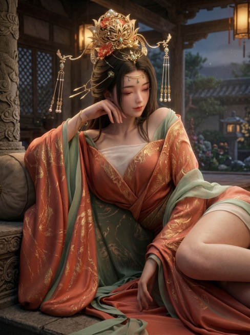 将图中的古风女子改成3d建模风格，游戏cg风格，虚幻引擎渲染，增加立体感和细节质感，保留原人物造型和服饰配色预览效果