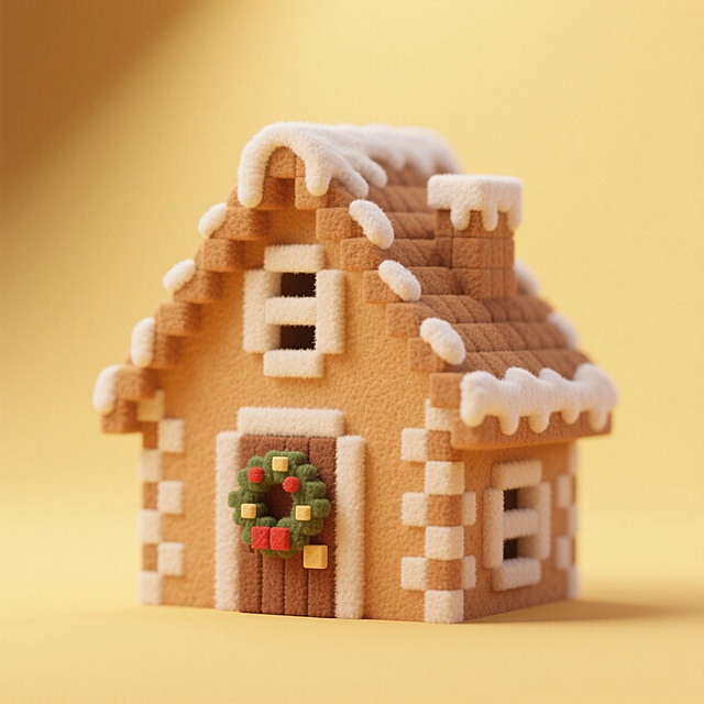 姜饼屋摆在奶黄色背景中，屋顶覆薄糖霜，门挂圣诞花环