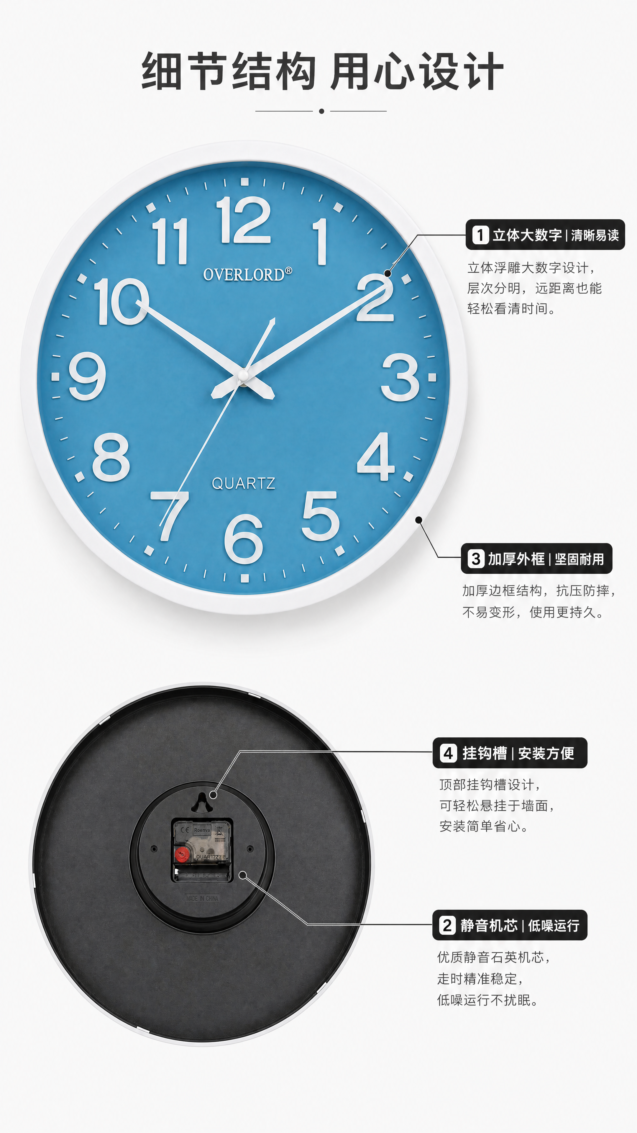 [第3屏] 核心部件结构解析，简约蓝调石英挂钟引线标注。用【图… - 图片创意预览