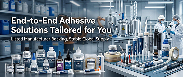 制作1920×550的横幅广告图，主标题为"End-to-End Adhesive Solutions Tailored for You"，副标题为"Listed Manufacturer Backing, Stable Global Supply"，画面展示各类胶粘剂产品，风格专业商务，契合胶粘剂行业