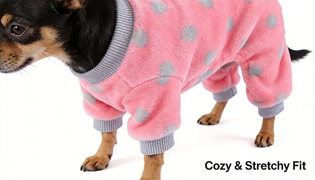 Close-up shot of a small dog wearing the pink plush jumpsuit with gray polka dots, highlighting the soft plush material and the elastic ribbed collar and leg cuffs, clear display of the fabric's comfort feature, English text "Cozy & Stretchy Fit" in the lower right corner