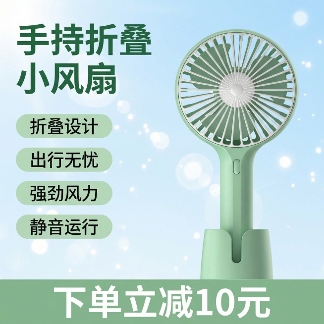 [主图 1] 清新夏日风手持折叠小风扇首图
[氛围/风格]：清新通透夏日感，明亮干净的自然光，清爽治愈氛围
[画面元素]：保持浅绿色手持小风扇外观和结构与原图完全一致，产品居中放大展示，背景为淡蓝色渐预览效果