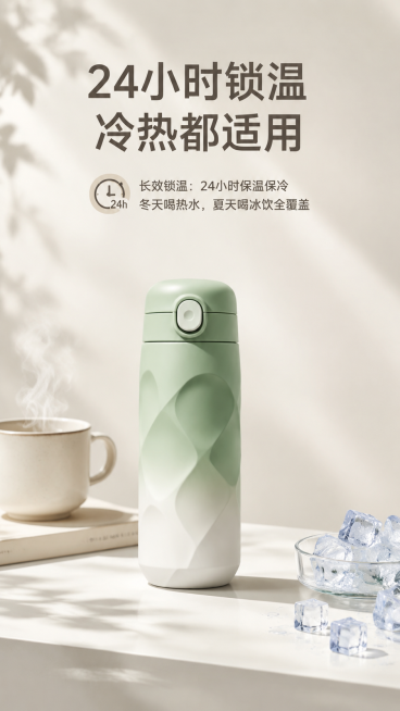 郑钦便携式保温杯详情页，卖点为长效锁温：24小时保温保冷，冬天喝热水，夏天喝冰饮全覆盖。画面顶部放置大标题文案"24小时锁温 冷热都适用"，中间放置保温杯产品主体，左侧搭配冒热气的热水视觉元素，右侧搭预览效果