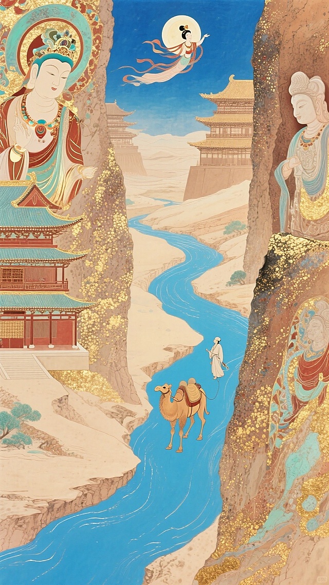 敦煌艺术，以青金石蓝、浅驼金、暖棕红为主色调，塑造敦煌千年雕塑与精美壁画，远方古建筑（对称布局 + 浅棕配色），单人驼队精准放置于河道黄金分割点，整体营造东方丝路意境，远处天空中嫦娥奔月