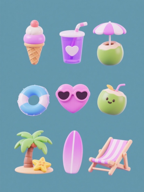一系列9个夏日主题3D立体图标，保持圆润Q版造型和光滑塑料质感，每个图标采用统一的粉紫色系渐变配色，包含冰淇淋蛋筒、带吸管的紫色饮料杯、蓝色爱心游泳圈、绿色椰子饮品、沙滩躺椅遮阳伞组合、粉色心形太阳镜、冲浪板与棕榈树、黄色海星贝壳组合，所有元素在纯色背景上以3x3网格规整排布，保持夏日轻松氛围，每个图标造型和角度完全不同。预览效果