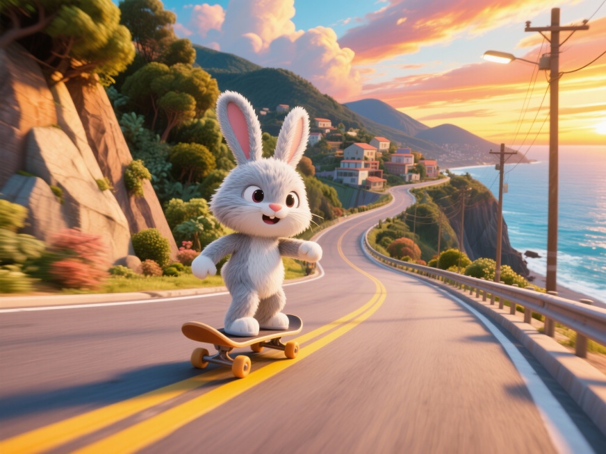 3D风格，极致细节，大师作品，超高清，动态，治愈，搞笑，一只超萌的贱兔作妖仔，灰白的毛发，全身毛茸茸的，脚踩滑板，在沿海公路上往前滑行，双臂自然摆动，动态充满自由感。黄昏时分的沿海盘山公路，一侧是陡峭预览效果