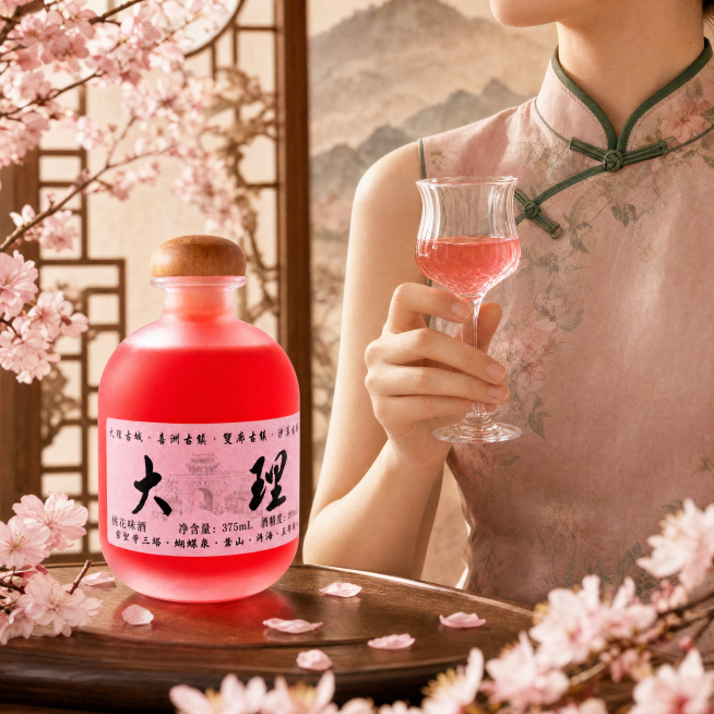 商业电商主图，1:1尺寸；精修好的樱花味酒酒瓶放置在画面左侧，画面右侧是复古旗袍女生，不露脸，女生手端着装有酒的果酒杯，用新鲜樱花枝或花瓣做点缀，背景为新中式风格，整体氛围高级雅致有质感；保持酒瓶字体预览效果
