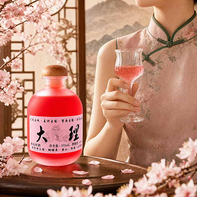 商业电商主图，1:1尺寸；精修好的樱花味酒酒瓶放置在画面左侧，画面右侧是复古旗袍女生，不露脸，女生手端着装有酒的果酒杯，用新鲜樱花枝或花瓣做点缀，背景为新中式风格，整体氛围高级雅致有质感；保持酒瓶字体清晰可见，酒杯中盛有酒