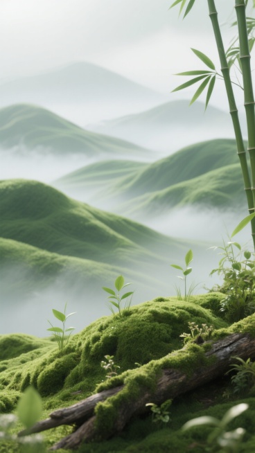 3D渲染风格的植物背景，画面以不同层次的绿色为主色调，呈现出柔和的渐变效果。前景有茂密的绿色苔藓覆盖的小丘，几株嫩绿的小草和叶片舒展的植物点缀其间，右侧有几片修长的竹叶斜向伸出，左下角可见一截覆盖着青苔的枯木，木头上还生长着细小的植物。中景是连绵起伏、轮廓柔和的绿色山丘，表面覆盖着细密的植被，呈现出蓬松的质感。远景的山丘则逐渐变得模糊，融入到淡淡的灰白色雾气中，营造出宁静悠远的氛围。整体光影柔……预览效果