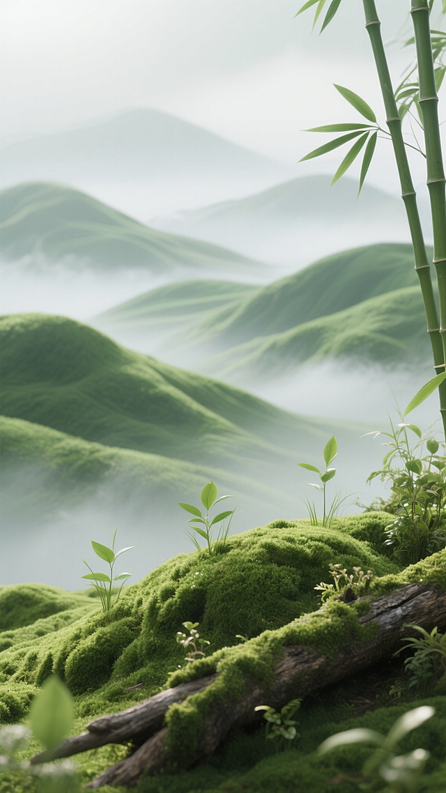 3D渲染风格的植物背景，画面以不同层次的绿色为主色调，呈现出柔和的渐变效果。前景有茂密的绿色苔藓覆盖的小丘，几株嫩绿的小草和叶片舒展的植物点缀其间，右侧有几片修长的竹叶斜向伸出，左下角可见一截覆盖着青苔的枯木，木头上还生长着细小的植物。中景是连绵起伏、轮廓柔和的绿色山丘，表面覆盖着细密的植被，呈现出蓬松的质感。远景的山丘则逐渐变得模糊，融入到淡淡的灰白色雾气中，营造出宁静悠远的氛围。整体光影柔和，光线从上方均匀洒落，山丘和植物表面有细腻的高光和阴影过渡，画面中弥漫着淡淡的白色雾气，增加了空间的层次感和朦胧美，构图采用三分法，前景的植物和枯木作为视觉焦点，中远景的山丘形成自然的背景延伸，整体给人一种清新、自然、静谧的感觉。