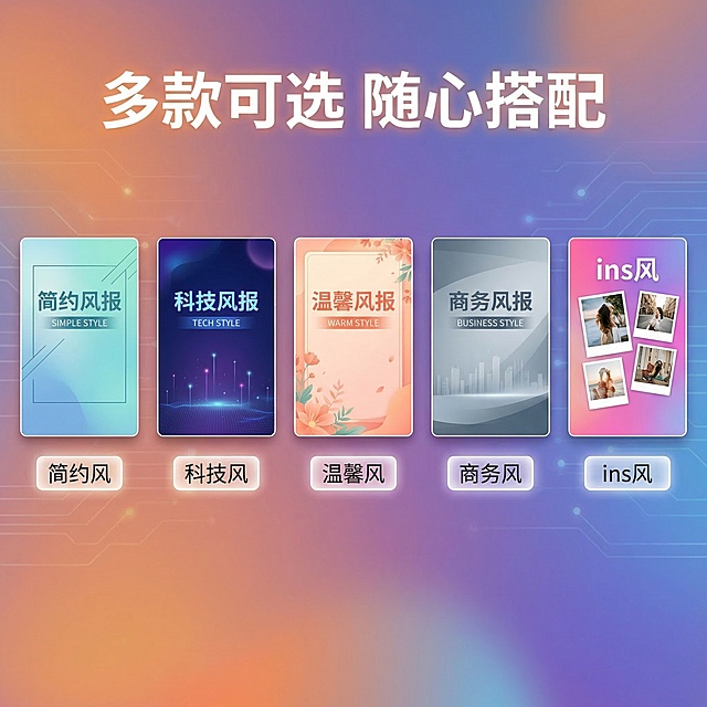 [主图5] PS海报模板设计素材款式合集展示主图，延续主图1的温馨科技风格，整齐展示5款不同风格的热门渐变海报模板，每个模板下方标注对应风格名称：简约风、科技风、温馨风、商务风、ins风，保持每个模板比例一致，间距均匀，背景全屏铺满无边框，光影保持统一，风格一致，文案 "多款可选 随心搭配" 悬浮于顶部