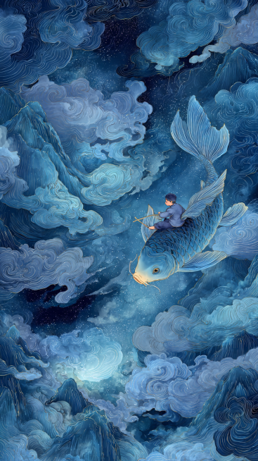 A Chinese ink painting of a child riding a giant koi fish through a starry galaxy, dreamlike swirls预览效果